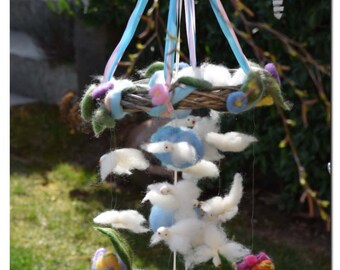 Mobile with 3 Butterfly fairies, waldorf-style carillon with 24 colombine, clouds, flowers and leaves in carded wool and waldorf-style tale.
