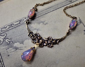 Pink Opal Necklace ~ Art Nouveau ~ Vintage Glass ~ Pink Opal Pendant ~ Vintage Style ~ by LadyoftheLakeJewels