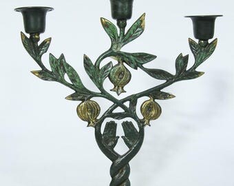 Vintage Cast Metal Candelabra, Made in Israel, Leaves and Hands Three Candle Holder