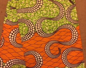 Green, red & orange/yellow African fabric, brown ankara print fabric - linked chains - African print ankara fabric sold by the yard