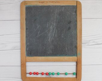 Vintage Small Framed Slate Double-Sided Chalkboard with Bead Counters, Vintage School Chalkboard, Slate Teaching Chalkboard
