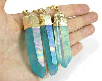 Aqua Aura Quartz Necklace, Blue Crystal Necklace, Unique Gift Mum, Boho Stone Jewellery, Polished Crystal Pendulum Point Energy Balancing