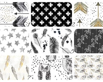 CRIB Bedding - Stokke, Leander, 4moms, Mini Crib, Bassinet - Gold and Black - Water Color Arrows - Spoonflower - Stars, Arrows, Feather, Owl
