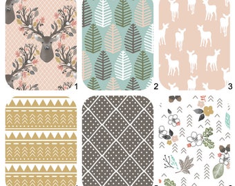 CRIB BEDDING Set, Mini Crib Bedding, Stokke Bedding, Toddler Bedding -Autumn Fawn Floral Nursery-Aqua,Coral,Grey,Gold - Sheet, Skirt, Bumper