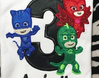 Personanlized Boy or Girl PJ Masks Birthday Shirt.