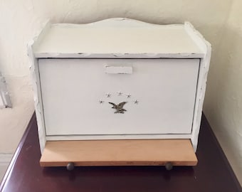 Vintage wood bread box with cutting board, eagle and stars with shelf, white, distressed