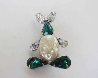 Emerald & Crystal Pear Rhinestone and Faux Pearl Belly Bunny Rabbit Brooch Easter
