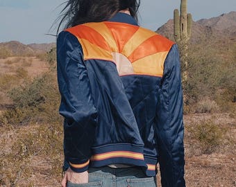 Rising Sun Jacket | Navy Blue Quilted 70s style Bomber Jacket | lightweight ski jacket as seen on @classicrockcouture Instagram 1970s coat