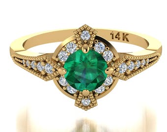Antique style rings, Natural emerald ring, Edwardian era inspired ring in Yellow gold