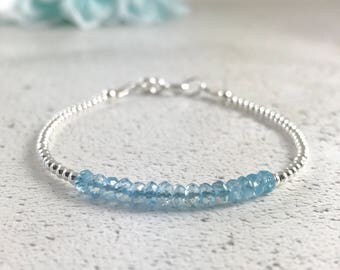 Dainty aquamarine bracelet, March Birthstone stacking aqua gemstone sterling silver artisan handmade bracelet