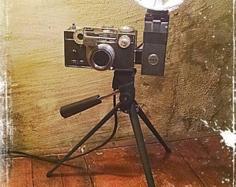 Upcycled retro Argus C3 Camera Lamp with travel tripod and a touch of Steampunk flair