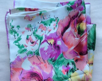 Vintage 60s silk headsquare with hand rolled hems, pink roses on white.
