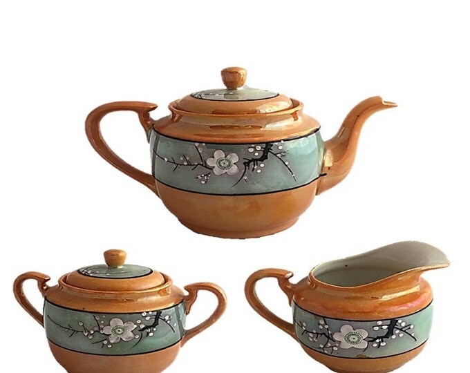 Antique Lustreware Tea Serving Set 1920-1930's - Made in Japan Hand Painted Lusterware Porcelain Teapot Sugar Bowl Creamer Cherry Blossoms