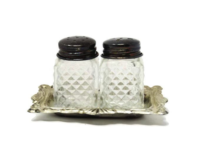 Vintage Salt and Pepper Shakers - Cut Glass Shakers- Silver Plated Tray Vintage Silver Plate Cut Glass Salt Shaker Pepper Shaker Mid Century