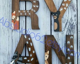 Wooden Letters for Nursery, Woodland Nursery Decor, Hand Painted Wood Letters, Woodland Creatures, Free Standing Letters, Nursery Fox Deer