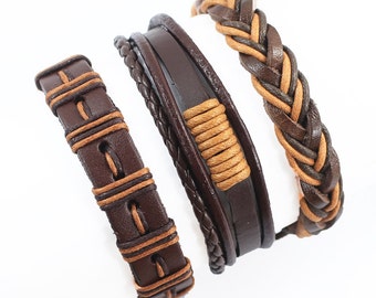 5 Piece Handmade Leather Bracelet Set Mens Womens Braided Wrap