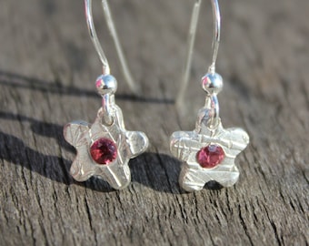 Tiny garnet earrings, tiny silver garnet earrings, garnet flower earrings, tiny garnet drop earrings, tiny flower drop earrings