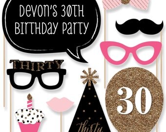 Chic 30th Birthday - Pink, Black, and Gold - Photo Booth Props - Adult Birthday Party Photobooth Kit with Custom Talk Bubble - 20 Pieces