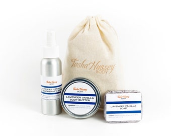 Lavender Vanilla Travel Size Products, Travel Soap, Travel Aromatherapy Spray, Travel Size Body Butter, Travel Gift Set