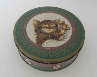 Vintage Tin box Giordano, Tin Kitten box, Giordano Kitty Cat and Teddy Bear Cookie box, 1993.