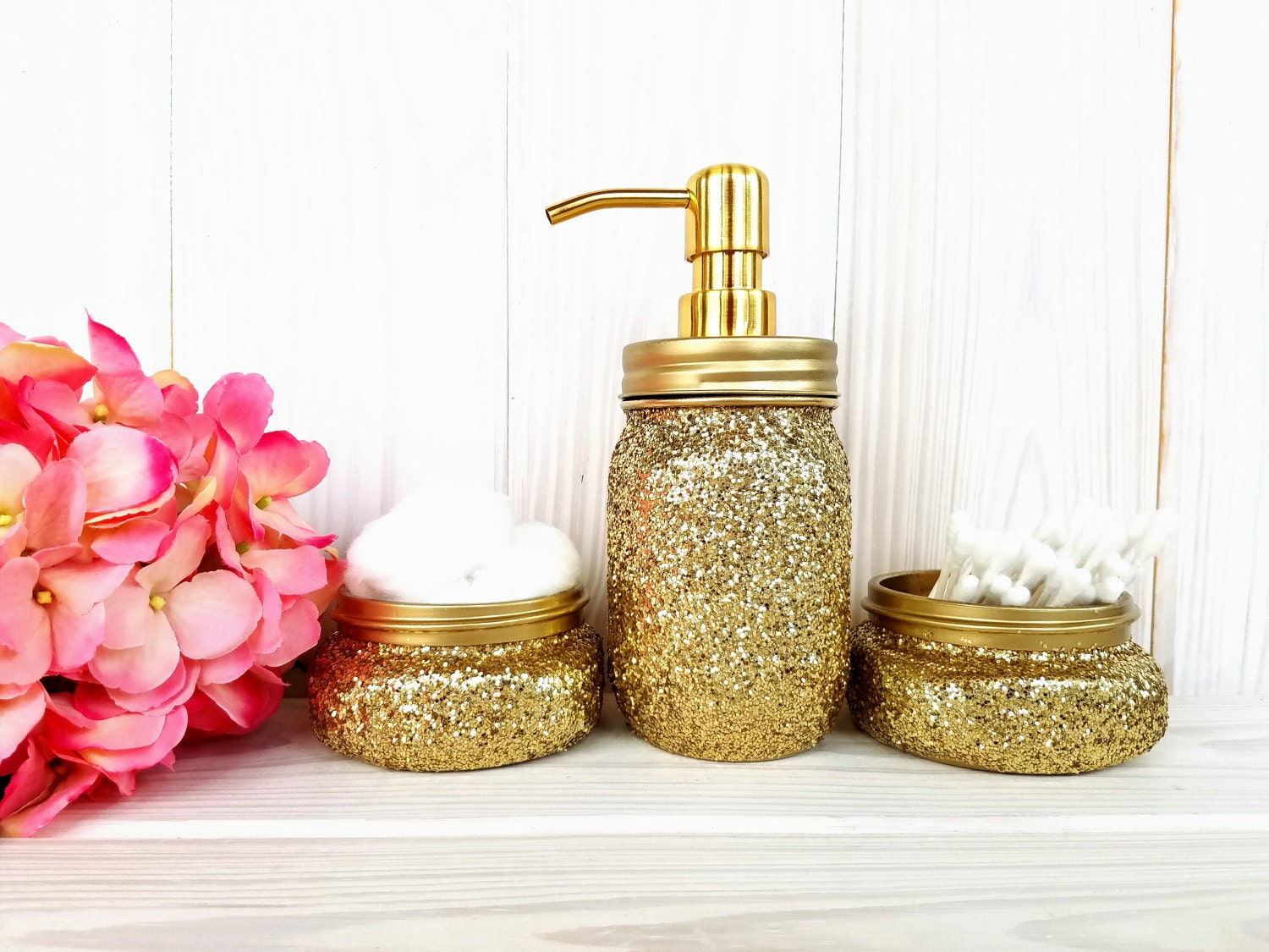 Gold glitter bathroom set. One pint jar soap dispenser and two