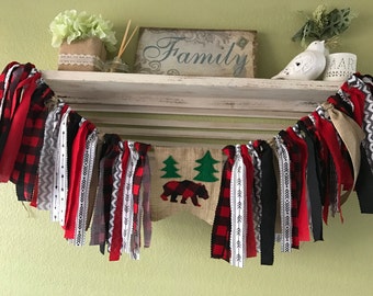 Lumberjack baby shower party banner Red Buffalo Plaid burlap highchair banner party decor Baby shower First Birthday Rag Garland Banner