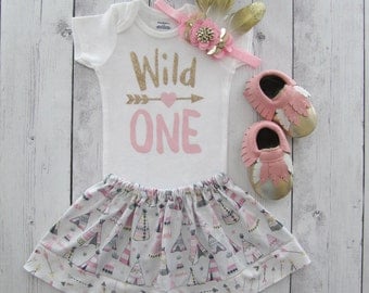 Wild One Birthday Outfit - feather skirt, pink gold, girl first birthday, aztec, pow wow, moccasins, feather headband, teepee