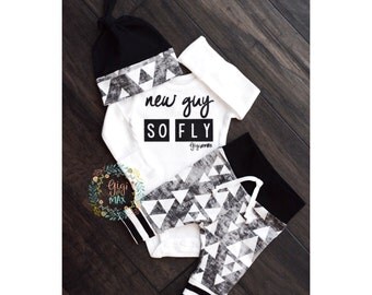 Newborn Baby boy coming home outfit New Guy So Fly black and gray triangle theme - boy going home set hello world, baby shower gift new baby