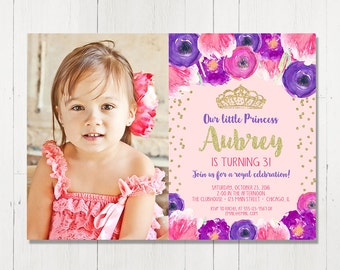 girl birthday invitation, princess birthday invitation, 1st first 2nd second 3rd third birthday, pink and gold glitter, printable invitation