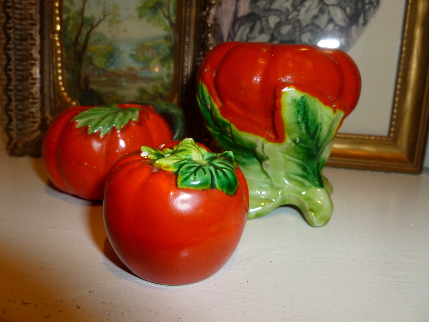 Vintage Set Of Ceramic Tomato Salt And Pepper Shakers From The