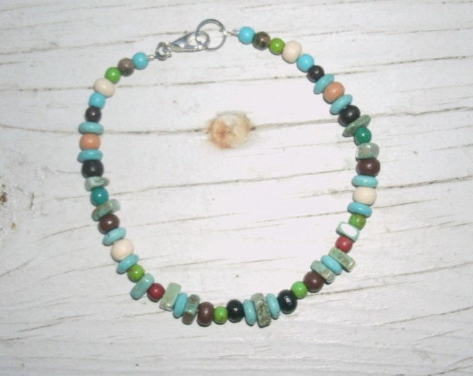 Beaded Bracelet, handmade bracelet, boho, gypsy, multicolored beads, affordable, stackable bracelets, turquoise, jasper, wood, claw clasp