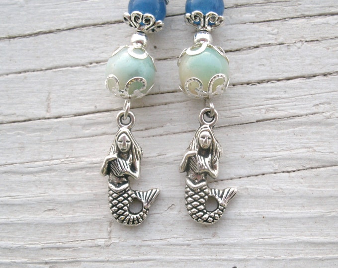 Mermaid Charm earrings, beaded, silver leverback wires, detailed mermaid charms, beads are Labradorite, blue agate, Opalite, fantasy
