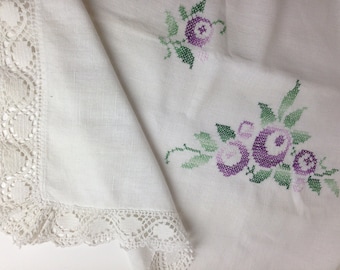Embroidered Tablecloth 55" x 50" / Hand made Lace borders / Hand cross stitched / Vintage Sweden