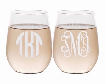 Monogram Wine Glasses/Etched Wine Glasses/Personalized Wine Glasses/Bridesmaid Wine Glass/Etched Wine Glass/Stemless Wine Glass/Monogrammed