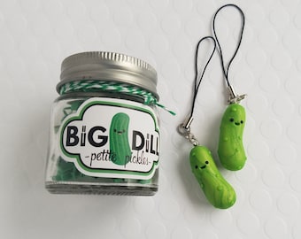 2 Pickle Charms in a Jar, Kawaii Pickles, Kawaii Food Charm, Polymer Clay Food, Pickle Pendant, Dill Pickles, Christmas Pickle