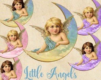 Little Angels Clipart, pink blue and purple vintage baby angel illustration, fairy PNG digital angel wings instant download commercial use