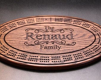 Custom cribbage board personalized with names and or, logo. Made from solid oak wood. Gift for him, gift for her with superior craftsmanship
