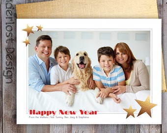 Custom Happy New Year Card Photo Frame with Gold Foil Stars Gold Back 5x7 Postcard