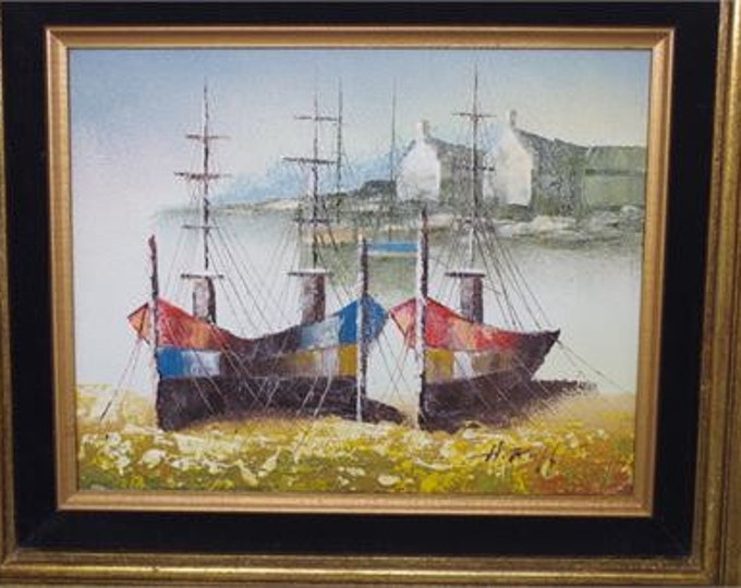 Storewide 25% Off SALE Original H. Ruff Seaside Harbor Acrylic on Canvas Painting Featuring Mid Century Golden Frame