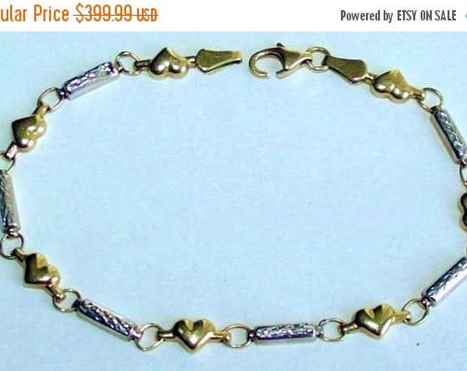 Storewide 25% Off SALE Vintage Solid 14k Yellow & White Gold Heart and Link Style Italian Bracelet Featuring Elegant Lobster Claw Clasp
