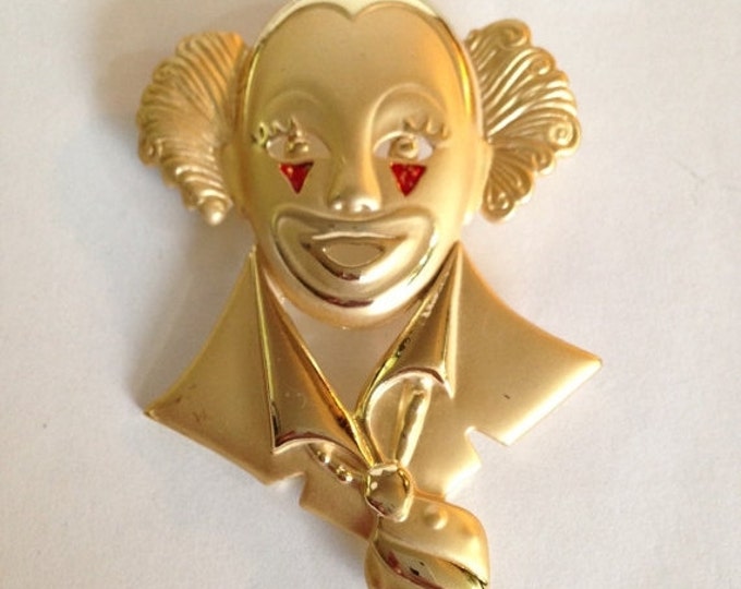 Storewide 25% Off SALE Oversized Vintage Gold Tone Cornet Designer Signed Circus Clown Brooch Featuring Red Enamel Painted Bow Accent