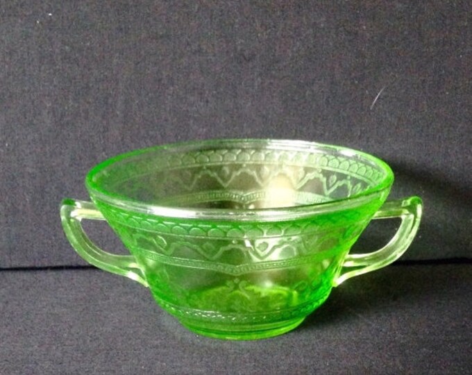 Storewide 25% Off SALE Vintage Double Handled Luminescent Style Green Depression Glass Sugar Bowl Featuring Elegant Etched Ancient Greek Sty