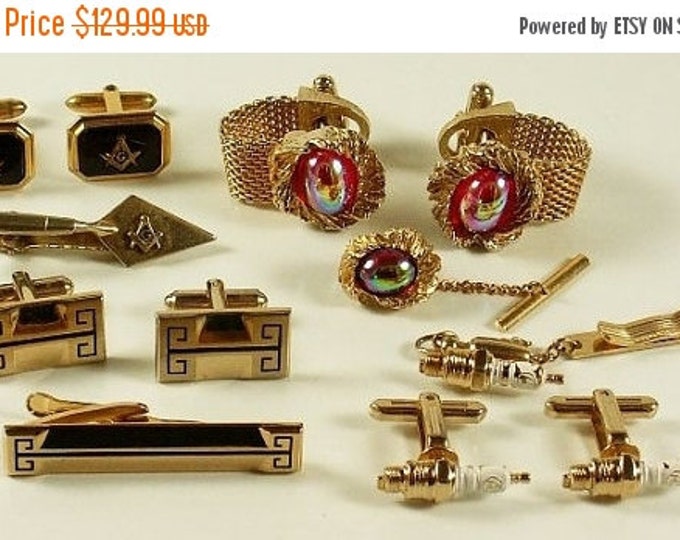 Storewide 25% Off SALE WOW! Collection of four vintage cuff link and tie clasp sets featuring beautiful watermelon cabochons, decorated spar