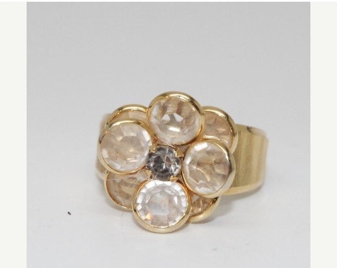 Storewide 25% Off SALE Vintage Gold Tone Clear Crystal Wide Band Cocktail Ring Featuring Art Deco Rhinestone Design