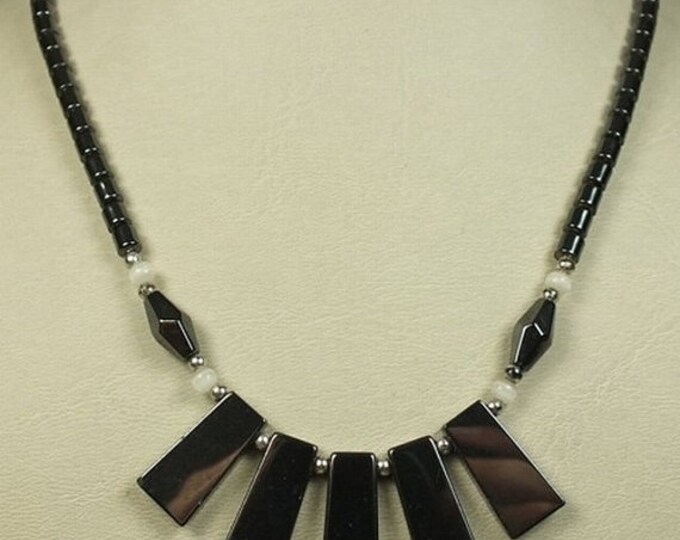 Storewide 25% Off SALE Beautiful black hematite pendant necklace with a Silvertone barrel clasp featuring retro style throughout
