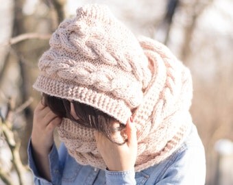 Hooded Cable Scarf, Hoodie, Cabled Long Hoodie Scarves, Cowl, Knit Scarves, Trend Knit Accessories