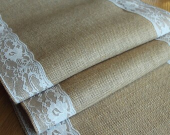 Natural burlap hessian and ivory lace table runner, weddings rustic home decor , celebrations