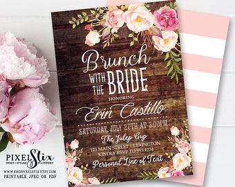 Floral Bridal Brunch Invitation, Rustic Brunch with the Bride, Bridesmaids Luncheon Invite, Vintage Rose and Peony with Weathered Wood