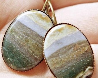 Vintage Handmade Ocean Jasper Seascape Antique Solid Brass Earrings 1 3/8"
