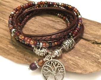 Bracelet, Top Seller! Boho Wrap Bracelet, Leather Bracelet, Leather Beaded Wrap, Bohemian Style, Charm Bracelet, Burgundy, Plum, Brown